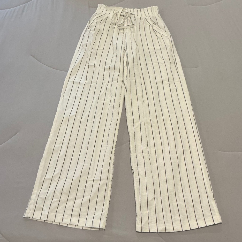 Cotton White Navy Striped Wide Leg Paperbag Waist Cotton Pants Medium
